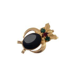 Vintage Gold Tone Owl Brooch With Onyx  Rhinestones MCM